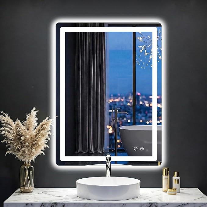 LED Bathroom Mirror with Lights - Anti-Fog, Dimmable, Backlit+Frontlit, 3 Color Light - 24"x32" Lighted Vanity Mirrors for Wall, Shatterproof Tempered Glass, Memory Function
