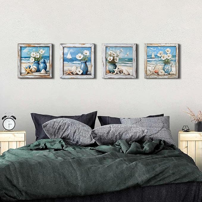 Coastal Wall Art Nautical Bathroom Decor Vintage Beach Theme Pictures Wall Art Vintage Beachy Paintings Canvas Prints Watercolor Flowers Posters Blue Seascape Framed Artwork Home Decorations 12x12”