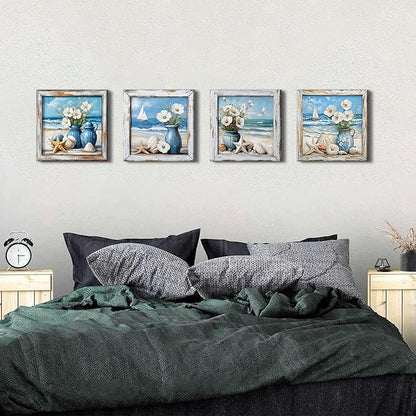 Coastal Wall Art Nautical Bathroom Decor Vintage Beach Theme Pictures Wall Art Vintage Beachy Paintings Canvas Prints Watercolor Flowers Posters Blue Seascape Framed Artwork Home Decorations 12x12”