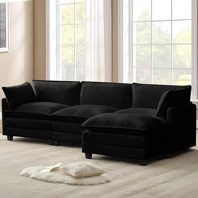 ROWHY 112'' Modular Sectional Cloud Couch with Movable Ottoman, 4 Seat Modern Chenille Sofa with 2 Throw Pillows, Deep Seat L Shaped Couch for Living Room Bedroom Apartment, Black | Arrange Freedom, Pet-Friendly Fabric, Sturdy Frame, Ultimate Comfort, ...