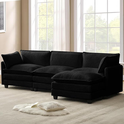 ROWHY 112'' Modular Sectional Cloud Couch with Movable Ottoman, 4 Seat Modern Chenille Sofa with 2 Throw Pillows, Deep Seat L Shaped Couch for Living Room Bedroom Apartment, Black | Arrange Freedom, Pet-Friendly Fabric, Sturdy Frame, Ultimate Comfort, ...
