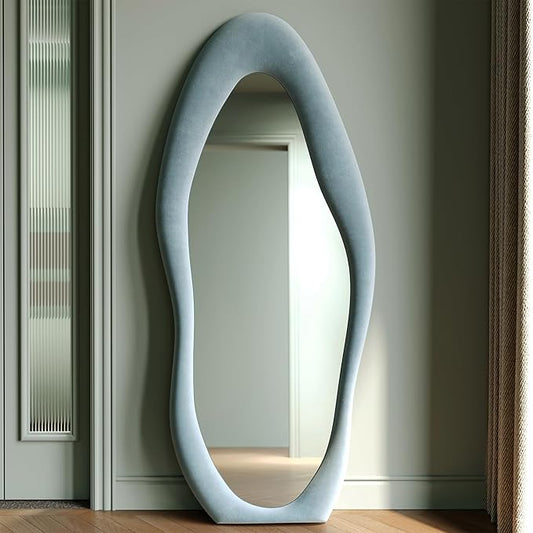 Honyee Full Length Mirror, 63" x 24" Wall Mirror, Flannel Wrapped Wooden Frame Full Body Mirror, Irregular Wavy Mirror Hanging or Leaning Against Wall for Cloakroom/Bedroom/Living Room, Blue