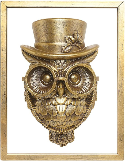 Newinhome Animal Heads Wall Decor (Includes Metal Frame) Halloween Resin Animals Sculptures Head Wall Hanging Decoration Gold vintage Wall Sculpture for Living Room Bedroom Office(Owl)
