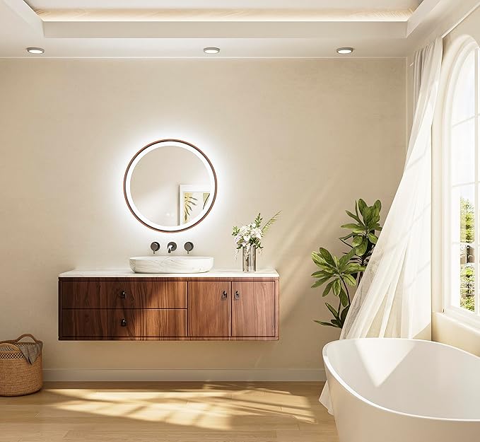 TETOTE Round Led Oil Rubbed Bronze Bathroom Mirror 24 Inch Circle Round Lighted Vanity Mirror with Lights for Bathroom Wall, 3 Color Stepless Dimmable, Anti Fog, Shatterproof, CRI 90+