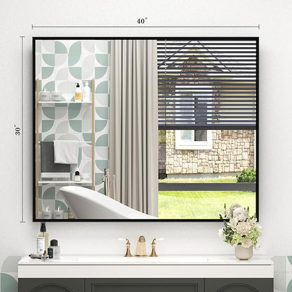 40" x 30" Matte Black Bathroom Mirror for Wall, Rectangular Beveled Vanity Mirror with Aluminum Alloy Frame, Right Angle Corner, HD Reflection, Horizontal or Vertical Mount