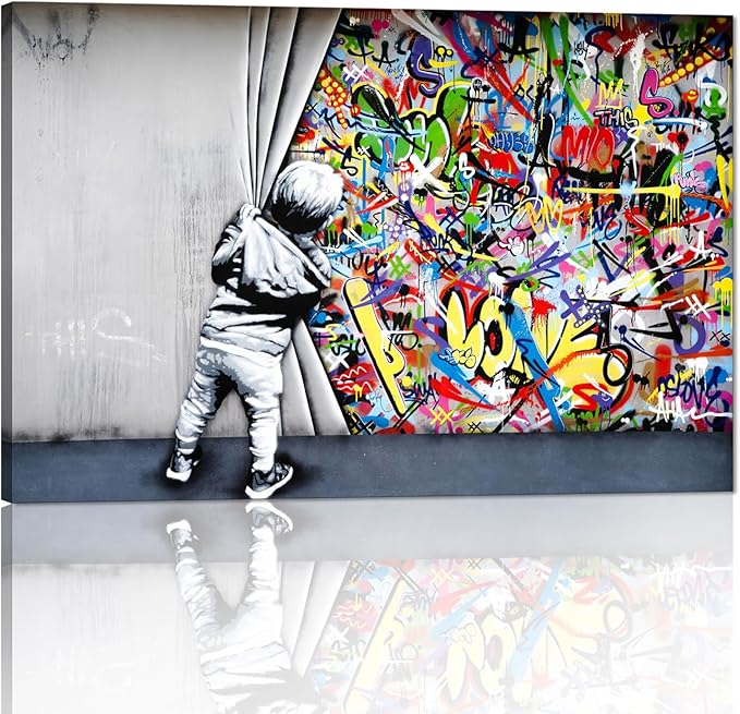 Yatsen Bridge Classic Street Art Banksy Graffiti Wall Art Behind The Curtain Posters Canvas Paintings Colorful Graffiti Pictures Prints Framed for Living Room Home Decor(36''W x 24''H)