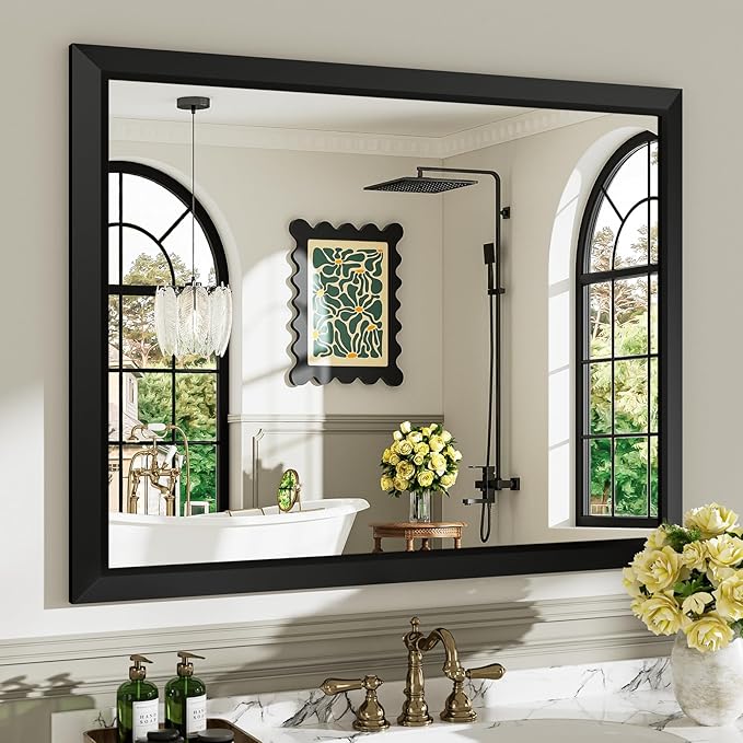 40x32 Inch Black Bathroom Mirror for Wall, Beveled Framed Rectangle Bathroom Vanity Mirrors for Over Sink, Bedroom, Living Room, Entryway, Anti-Rust, HD Tempered Glass, Horizontally/Vertically
