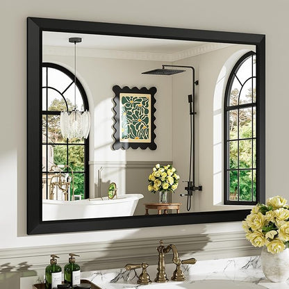 40x32 Inch Black Bathroom Mirror for Wall, Beveled Framed Rectangle Bathroom Vanity Mirrors for Over Sink, Bedroom, Living Room, Entryway, Anti-Rust, HD Tempered Glass, Horizontally/Vertically