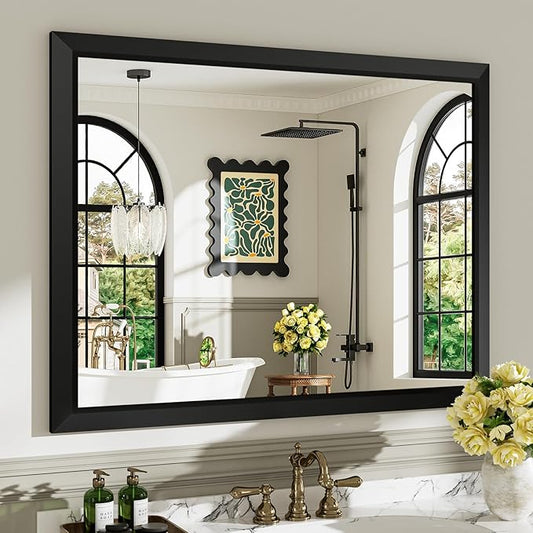 40x32 Inch Black Bathroom Mirror for Wall, Beveled Framed Rectangle Bathroom Vanity Mirrors for Over Sink, Bedroom, Living Room, Entryway, Anti-Rust, HD Tempered Glass, Horizontally/Vertically