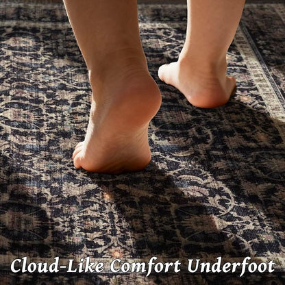 Washable 10x14 Area Rugs for Living Room, Boho Non-Slip Vintage Distress Large Rugs for Bedroom Dining Room Office, 0.3" Neutral Oriental Throw Thin Carpet, Black/Blue/Multi,A1
