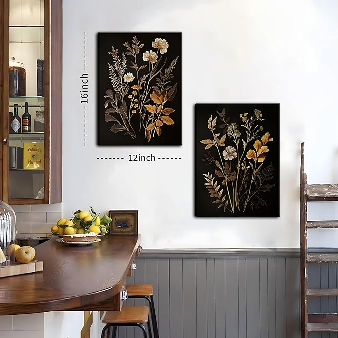 Vintage Black Flower Wall Art Decor Set of 3, Beautiful Wildflower Botanical Canvas Prints, Dark Academia Fall Floral Poster Painting Picture for Bedroom Living Room 12x16 Inch Framed