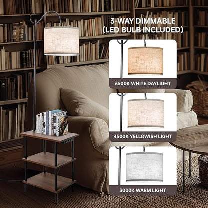 EOEYYOYB Floor Lamp with 3-Tier Shelves, End Table Lamp with USB Charging Port Power Outlet, Side Table Reading Light with 3 Color Temperature Led Bulb Included, Floor Lamps for Living Room, Walnut