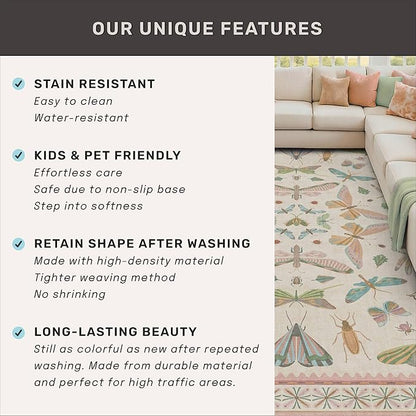 Pastel Pink Girls Rugs for Bedroom 6x8 - Washable Area Rug for Living Room, Dining Room Under Table, Boho Butterfly Cut Design, Low Pile & Soft Stain Resistant Carpet