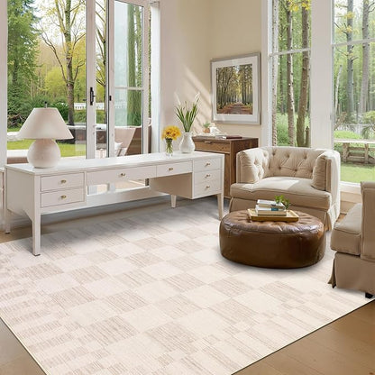 GarveeHome Beige Checkered Rug 6×9 Area Rugs for Living Room,Non-Slip Washable Rug Soft Low-Pile,Neutral Modern Checkerboard Farmhouse Geometric Rugs for Bedroom Dining Room