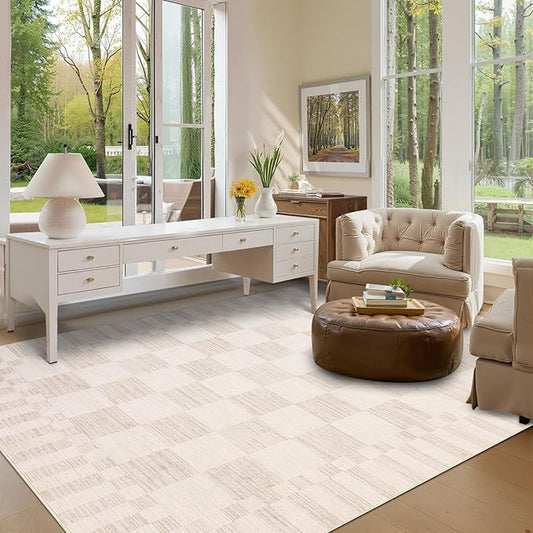 GarveeHome Beige Checkered Rug 6×9 Area Rugs for Living Room,Non-Slip Washable Rug Soft Low-Pile,Neutral Modern Checkerboard Farmhouse Geometric Rugs for Bedroom Dining Room