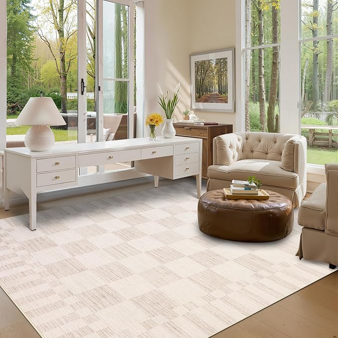 GarveeHome Beige Checkered Rug 5×7 Area Rugs for Living Room，Non-Slip Washable Rug Soft Low-Pile, Neutral Modern Farmhouse Geometric Rugs for Bedroom Dining Room Office