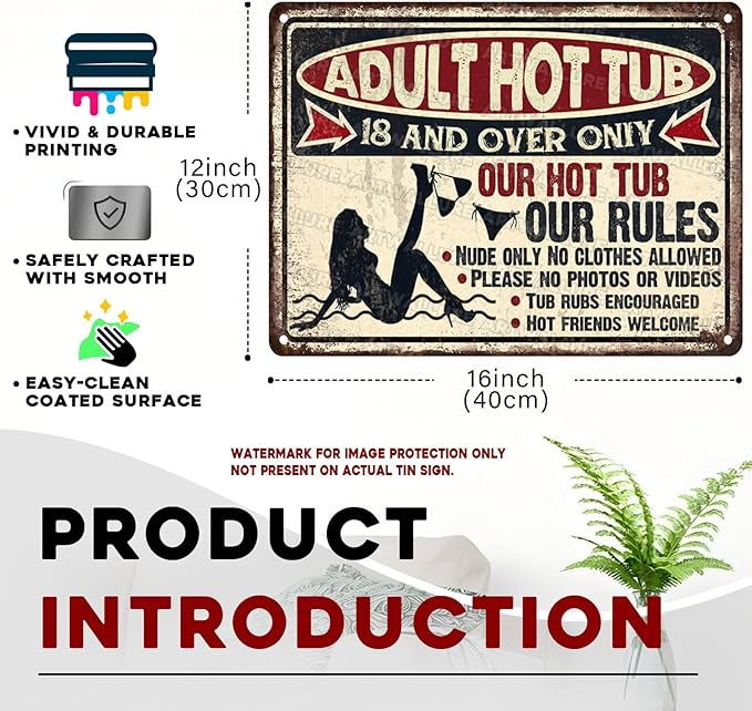 Hot Tub Vintage Tin Sign Adult Hot Tub Metal Sign Indoor Outdoor Funny Signs for Backyard Decor Signs 12x16inch