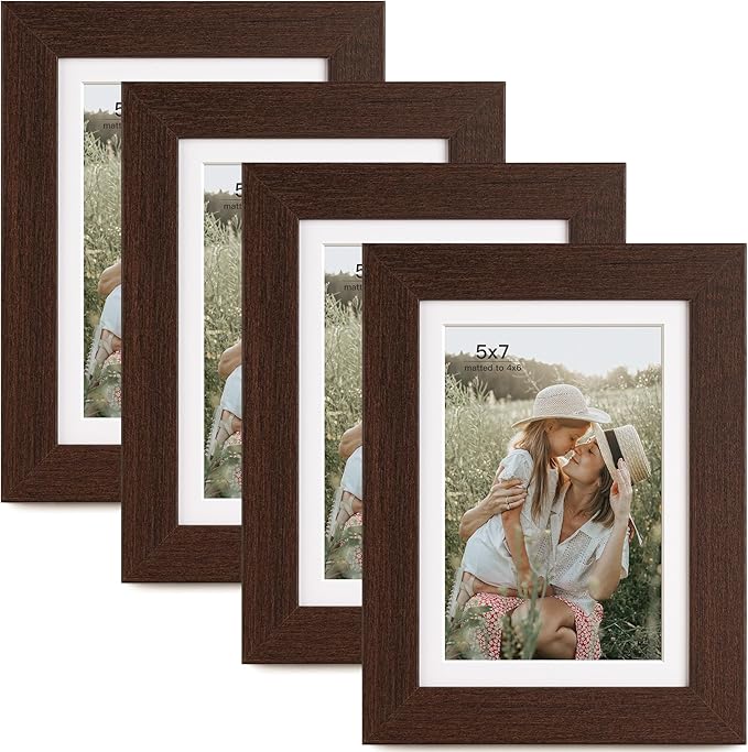 Momentworth 5x7 Picture Frame with Mat for 4x6, Walnut Wood Grain 5 x 7 Dark Brown Gallery Wall Picture Frames for Tabletop or Wall Mounting(4 Pack, Walnut)