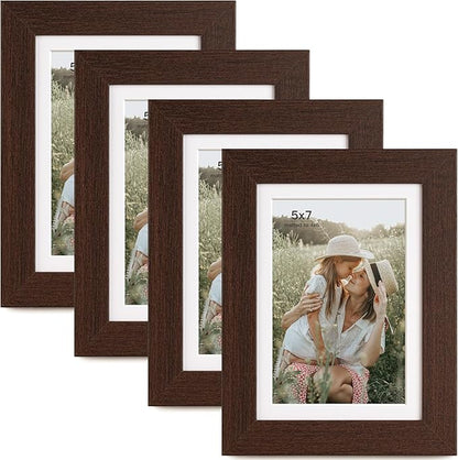 Momentworth 5x7 Picture Frame with Mat for 4x6, Walnut Wood Grain 5 x 7 Dark Brown Gallery Wall Picture Frames for Tabletop or Wall Mounting(4 Pack, Walnut)