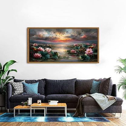 Zen Wall Art Framed Pink Lotus Flower Decor Abstract Blooming Botanical Canvas Prints Vintage Floral Pictures Nature Sunset Pond Landscape Modern Artwork for Bedroom Living Room Home Decoration 30x57.8"
