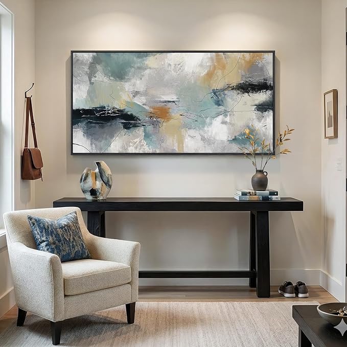 Extra Large Framed Abstract Wall Art for Living Room, Horizontal Grey Teal Canvas Prints Paintings Artwork for Walls, Modern Minimalist Pictures Wall Decor for Bedroom Dining Room Office, 30x60 In
