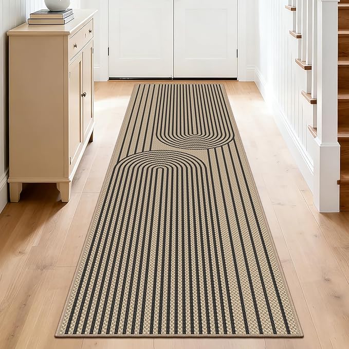 Easy Jute Hallway Runner Rug, 2' x 8' Kitchen Runner, Black Farmhouse Ultra-Thin Washable Non-Slip Carpet Runner for Laundry, Bedroom, Backyard, Outdoor, Home Decor