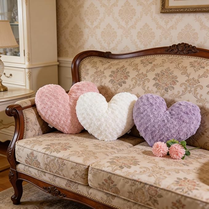 18" Blush Pink Heart Pillow, Luxury 600GSM Rose Textured Faux Rabbit Fur, Super Matte Aesthetic Decorative Throw Pillow for Couch Bed Sofa, Romantic Home Decor Heart Cushion