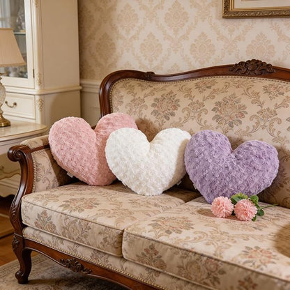 18" Blush Pink Heart Pillow, Luxury 600GSM Rose Textured Faux Rabbit Fur, Super Matte Aesthetic Decorative Throw Pillow for Couch Bed Sofa, Romantic Home Decor Heart Cushion