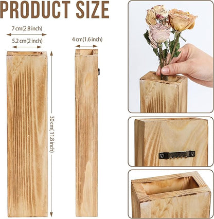 Wooden Wall Planter Set of 4 - Modern Home Decor for Living Room, Bedroom, Bathroom - Walnut Finish Planter for Dried Flowers, Faux Greenery, Indoor Plants