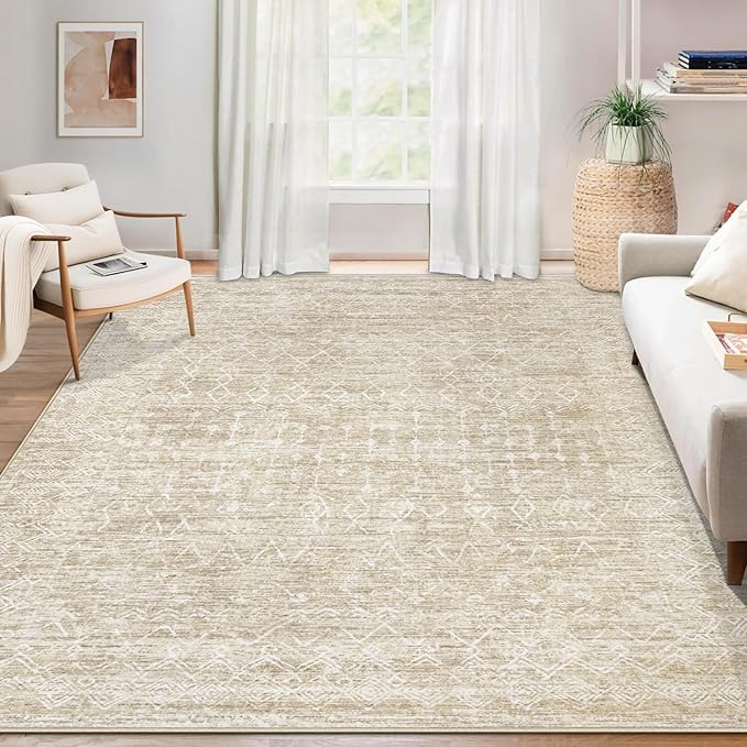 Area Rug for Living Room 6x9: Large Washable Boho Moroccan Rugs Geometric Neutral Rug, Non-Slip Foldable Morden Farmhouse Indoor Floor Carpet for Bedroom Dining Table Home (Moroccan Beige, 6'x9')