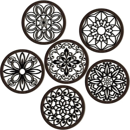 Ferraycle 6 Pieces Thicken Rustic Wall Decor Farmhouse Wall Art Wooden Round Art Hanging Decoration Hollow Carved for Living Room Bedroom Kitchen Office Apartment Hallway(Black Brown)