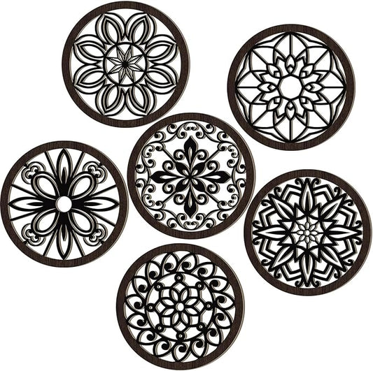 Ferraycle 6 Pieces Thicken Rustic Wall Decor Farmhouse Wall Art Wooden Round Art Hanging Decoration Hollow Carved for Living Room Bedroom Kitchen Office Apartment Hallway(Black Brown)