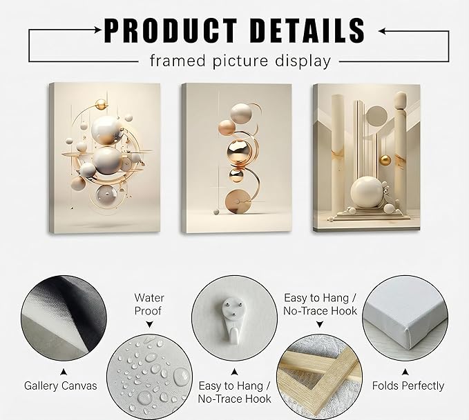 3pcs Modern Three-Dimensional Geometric Spheres Canvas Wall Art Abstract Luxury Beige Gold Wall Decor Pictures Minimalist Medieval Posters Prints for Bedroom Living Room Office Scene Home Decoration