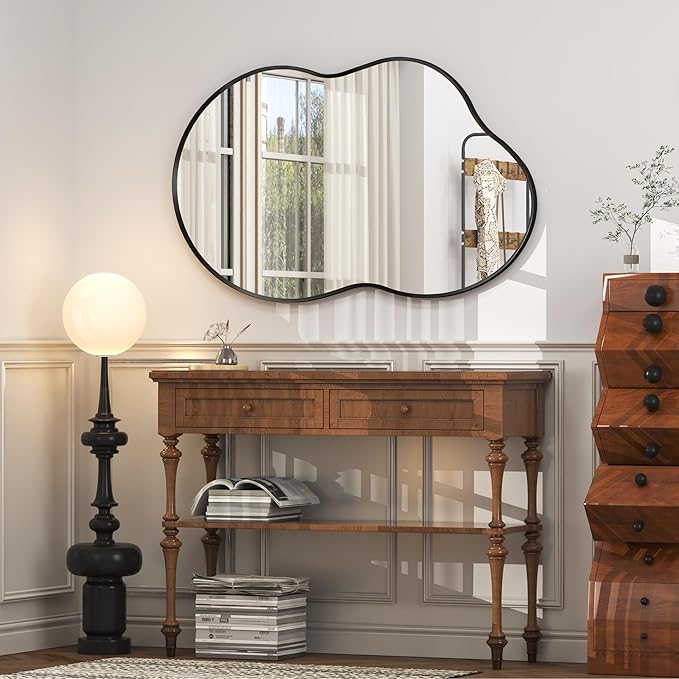 24x36 Inch Black Irregular Matte Bathroom Mirror, Black Asymmetrical Mirror for Wall Decor, Aluminum Alloy Frame, Shatterproof, Anti-Rust(Horizontally/Vertically)