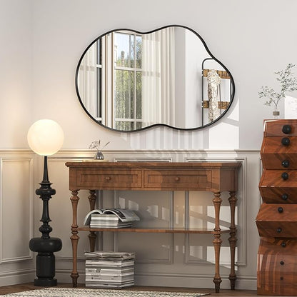 24x36 Inch Black Irregular Matte Bathroom Mirror, Black Asymmetrical Mirror for Wall Decor, Aluminum Alloy Frame, Shatterproof, Anti-Rust(Horizontally/Vertically)