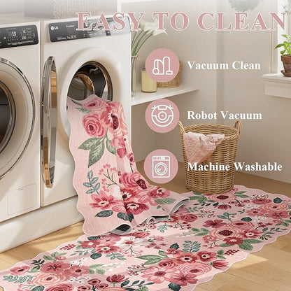 DUKINO 2x8 Washable Runner Rug, Lightweight Soft Floral Hallway Rug Runner with Low Pile Design, Non Shedding & Non Slip Backing Thin Indoor Carpet for Bedroom, Bathroom, Entrance, Kitchen, Pink