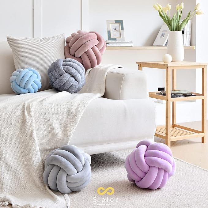 Sioloc Soft Knot Ball Pillows,Round Throw Pillow Cushion Home Decoration Plush Pillow,Throw Knotted Pillow Handmade Round Plush Pillow（7.8inches,Grey）