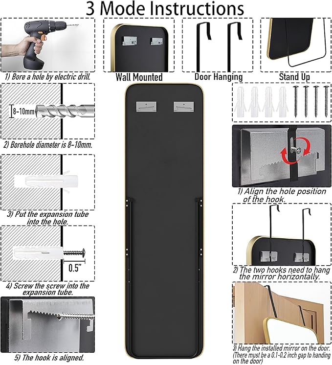 SCWF-GZ 57x16 Door Hanging Full Length Mirror, Floor Stand (Height 5.7ft just Body in1.3ft) Wall Mounted Metal Frame Rectangle Dressing Mirrors for Bedroom Bathroom Room 57 inch Gold