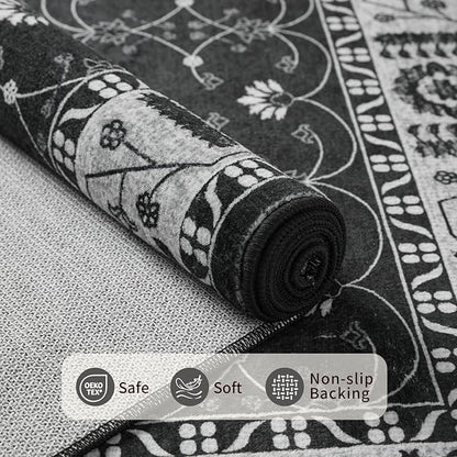 Rugxara 8x10 Washable Area Rug for Living Room, Extra Large Black Vintage Boho Rugs for Office, Kids Room, Farmhouse, Durable Low Pile Non Slip Carpet for High Traffic Areas（Black 8x10）