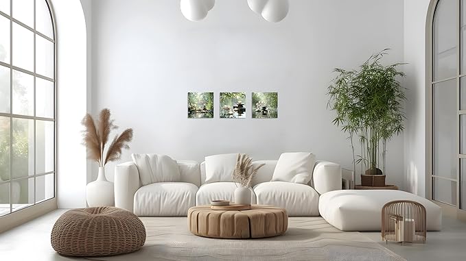 TutuBeer 3 Pcs Zen Wall Art Zen Pictures for Bathroom Spa Still Life Spa Stone Green Bamboo White Orchid on Water Pictures Print on Canvas for Home Office Wall Decor Stretched and Framed 14x14inchx3