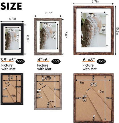 Fixwal Picture Frames Set, Gallery Wall Frame Set Picture Frames Collage 15 Pack for Wall or Tabletop with 8x10 5x7 4x6 Frames, Rustic Picture Frames in 3 Different Finishes