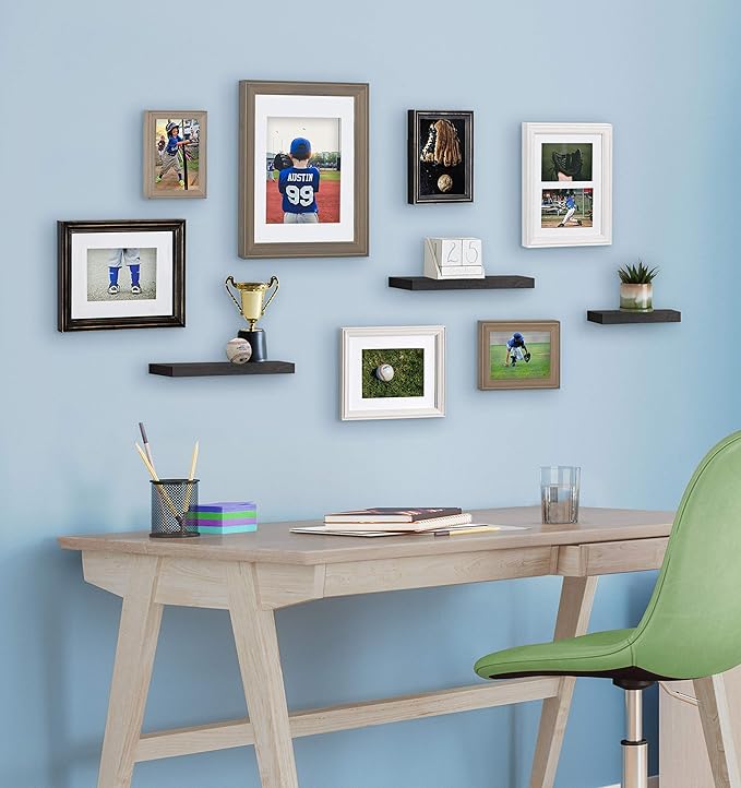 Kate and Laurel Bordeaux Gallery Wall Frame and Shelf Kit, Set of 10, Industrial Farmhouse Finishes, Assorted Size Frames and Three Display Shelves