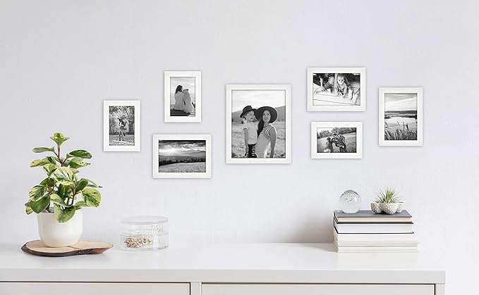 MCS Gallery Essential Picture Frame Set 4x6, 5x7 & 8x10 White Woodgrain, Gallery Wall Vertical & Horizontal Hanging Frames for Photos & Art Prints (7-Pack)