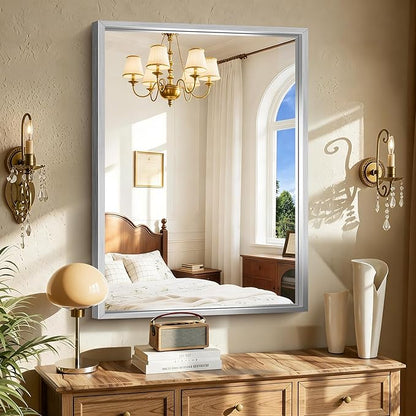 CIRCUMI 30"x42" Brushed Silver Mirror with Chunky Box Metal Frame, Bathroom Mirror for Vanity Remodel & New Home, Living Room, Entryway, Rectangular Wall Mirror, Tempered Glass, Vertical or Horizontal