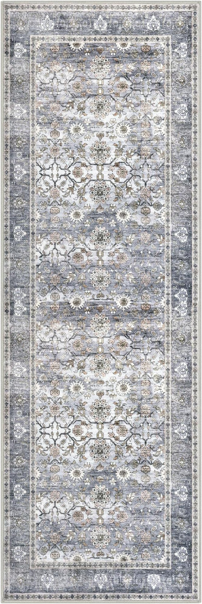 KUTA Vintage Floral Rugs for Entryway, 2PCS 2x3 and 2x6 Grey Blue Entrance Small Area Rug, Non-Slip Washable Ultra Thin Soft Hallway Runner Rug, Low-Pile Indoor Door Mat Floor Carpet