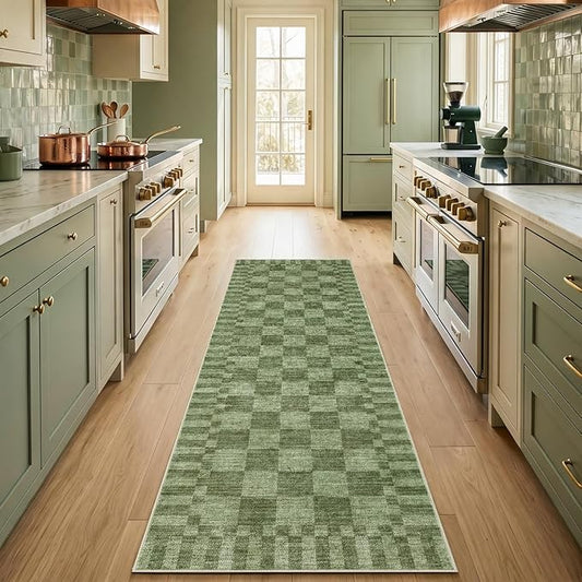 GarveeHome 2.5×8 Kitchen Runner Rug Non Slip,Moss Green Checkered Rug,Washable Runner Rug for Hallway Soft Low-Pile Geometric Checkerboard Rugs for Entryway Kitchen Dining Room