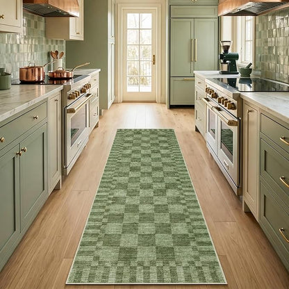 GarveeHome Moss Green Checkered Rug 2x3 Washable Rug Non-Slip for Entryway, Soft Low-Pile Small Area Rugs,Beige Neutral Modern Geometric Rugs for Kitchen