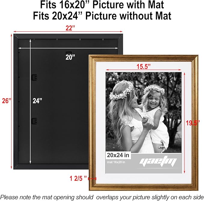 Yaetm 20x24 Gold Picture Frame Matted to 16x20 Set of 2, 1.4” Wide Molding & Rustic Gold Frames for Wall Gallery, Home and Office, Wall Mounting, 2 Pack