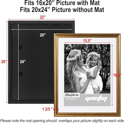 Yaetm 20x24 Gold Picture Frame Matted to 16x20 Set of 2, 1.4” Wide Molding & Rustic Gold Frames for Wall Gallery, Home and Office, Wall Mounting, 2 Pack