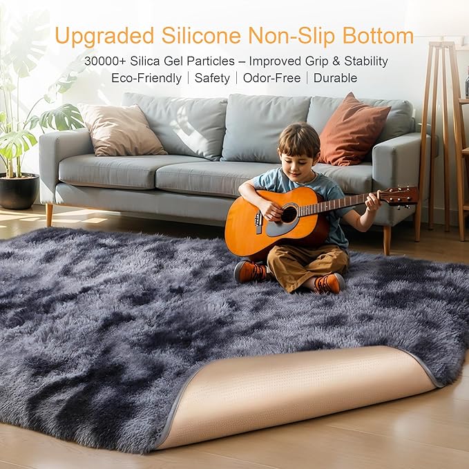 KICHOWUA Thick Area Rug Dark Grey Fluffy 4x6 for Bedroom Living Room Washable Plush Rug for Kids Baby Nursery Soft Shag Non Slip Comfy Shaggy Rugs for Dorm Fuzzy Floor Carpet, Tie-Dye Gray